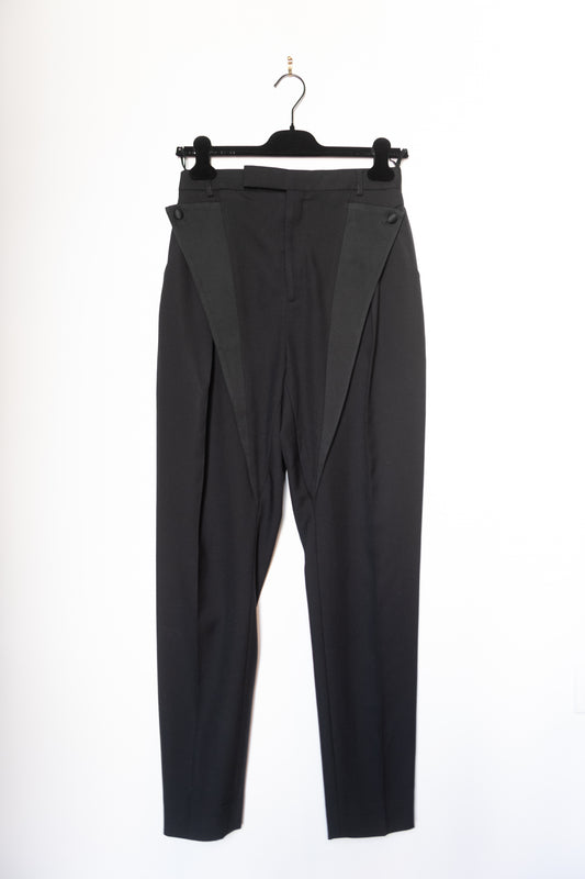 CÉLINE SATIN “V” OVERLAY WOOL SUIT PANTS